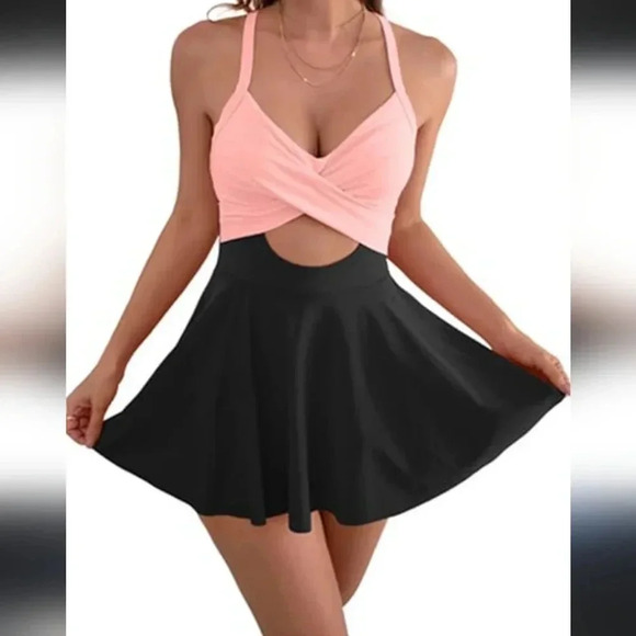 AIMAGE | Women's Peach/Black Push-up Twist Front One Piece Skirt Swimsuit - Picture 1 of 6
